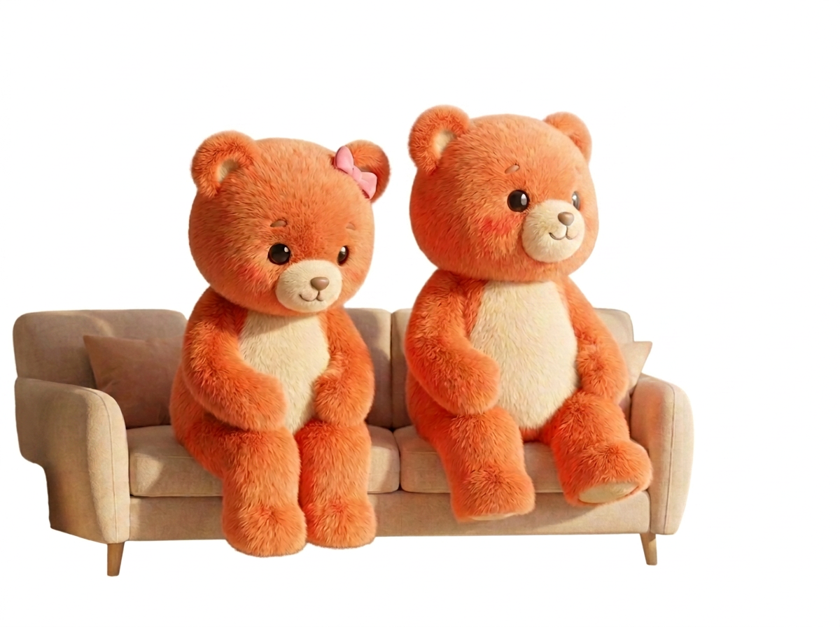 Deux oursons en peluche assis côte à côte sur un canapé